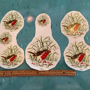 May include: Five paper cut-outs of robins in a snowy woodland setting. Each cut-out features a robin with a red breast, perched on a branch with white flowers and green leaves. The cut-outs are on a blue background.