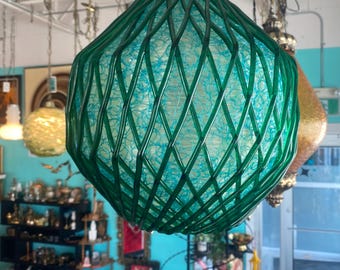 Vintage swag lamp acrylic bright blue green spaghetti ribbon round 1960’s mcm