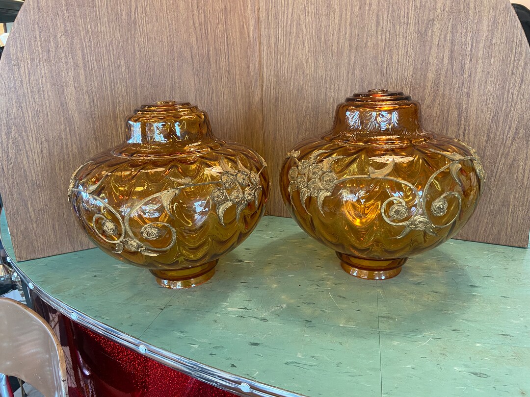 Vintage Glass Lamp Globes Real Amber Moriage Gold Floral Design Etsy