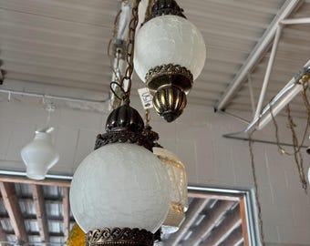 Vintage light fixture double hanging white crackled glass swag bathroom mcm pendants