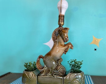 vintage horse and hooves lamp and planters green mcm glazed ceramic 1950’s equestrian