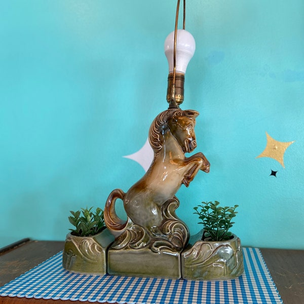 vintage horse and hooves lamp and planters green mcm glazed ceramic 1950’s equestrian