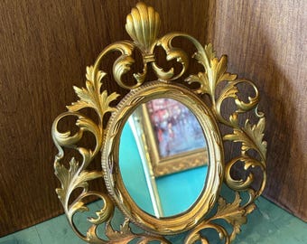 Antique Vanity Mirror Table Top w/ Easel Stand art nouveau Victorian 1910’s gold brass vintage