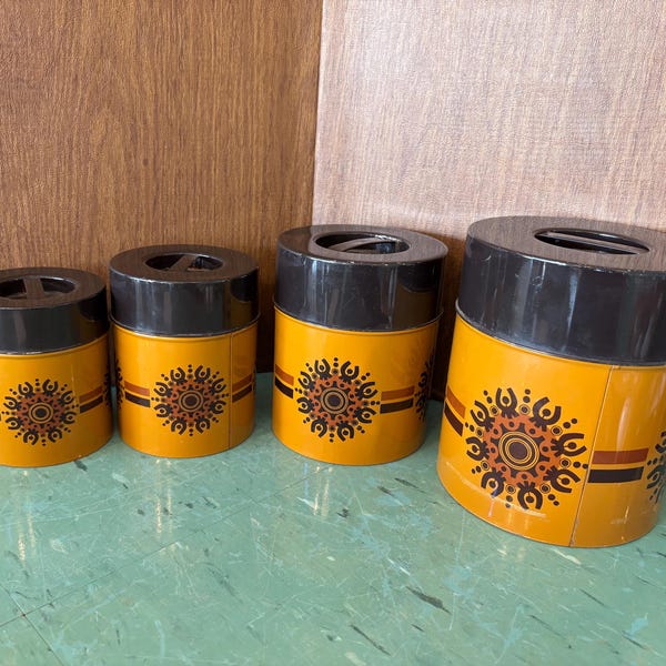 Set 4 vintage canister set nesting scandanavian design brown orange metal retro kitchen 1970’s
