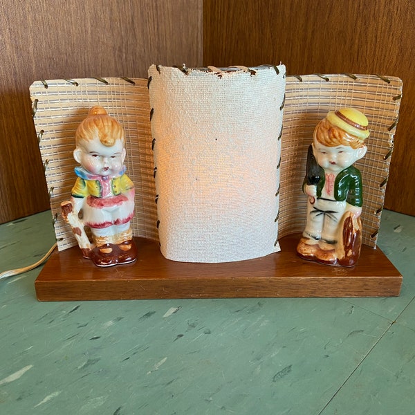 Vintage 1950’s lamp T.V table kitschy cute mcm grumpy children figures teak