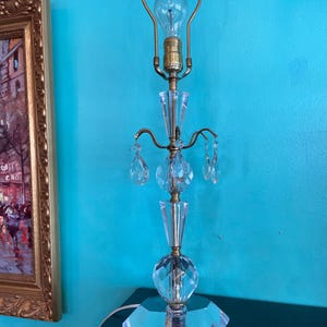 Vintage table lamp mcm hollywood regency cut glass crystals heavy tall