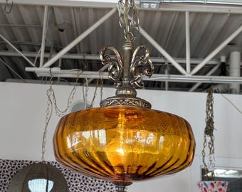 Vintage swag lamp amber glass ufo Hollywood regency