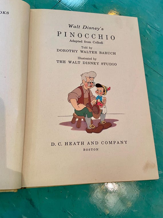 Vintage Book Pinocchio Walt Disney Children's 1940's Heath Hard