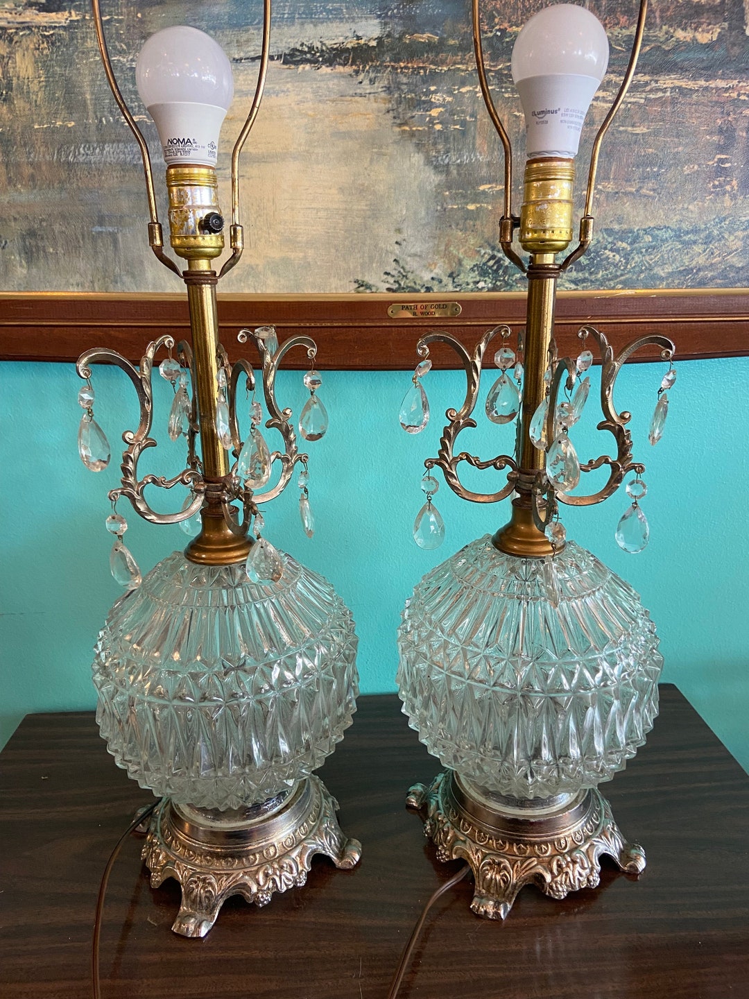 2 Lamps Hollywood Regency Table Lamps Crystals White Globe Glass Ornate ...