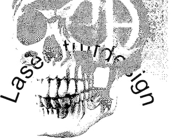 May include: Black and white graphic design of a skull with the text "Laser Studio Design" and "AIRBORNE" above the skull.