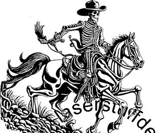 May include: Black and white illustration of a skeleton riding a horse. The skeleton is wearing a cowboy hat and is holding the reins. The horse is running and its legs are outstretched. The background is a rocky landscape.
