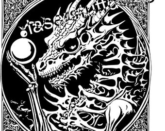 May include: Black and white illustration of a skeletal dragon with a large, menacing head and sharp teeth. The dragon is holding a glowing orb in its hand. The illustration is framed in a decorative border.