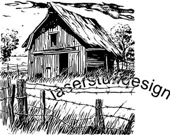 May include: Black and white line drawing of a barn with a wooden door and a window. The barn is surrounded by a barbed wire fence and tall grass.