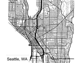 May include: Black and white line art map of Seattle, WA. The map shows the city's grid of streets and highways, with the text "Seattle, WA" at the bottom. The artwork is a detailed representation of the city's layout.