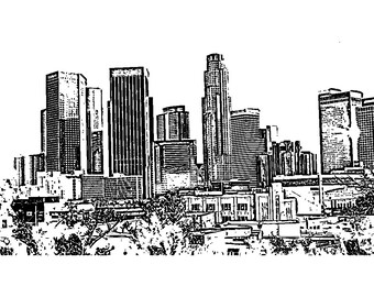 May include: Black and white illustration of a city skyline with tall buildings. The buildings are drawn in a simple, stylised way, with a focus on their height and shape.