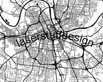 May include: A black and white map of a city with a river running through it. The map shows the streets and roads of the city. The text "Lasersurfdesign" is superimposed on the map.