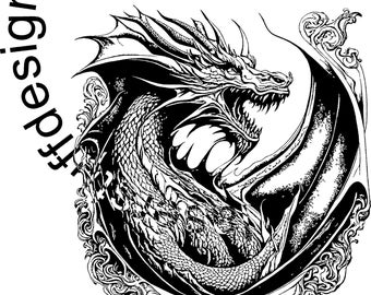 May include: Black and white illustration of a dragon with its wings spread out. The dragon is curled up in a circle, with its head facing the viewer. The dragon has a fierce expression on its face, with sharp teeth and claws.