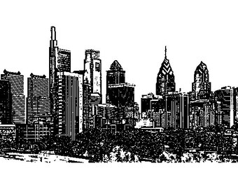 May include: Black and white illustration of a city skyline with tall buildings. The buildings are clustered together and appear to be in a downtown area.