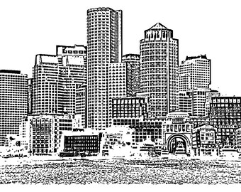 May include: Black and white illustration of a city skyline with tall buildings. The buildings are drawn in a simple, stylised way, with a focus on their shape and form.