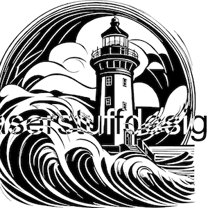 Lighthouse with Curvy Waves Vector