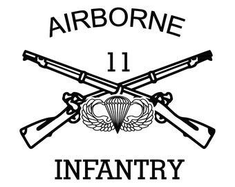 May include: Black and white illustration of a military insignia. It features two crossed rifles, a parachute with wings, and the text "AIRBORNE 11 INFANTRY".