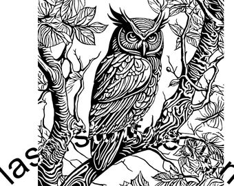May include: Black and white illustration of an owl perched on a branch of a tree. The owl has detailed feathers and a sharp beak. The tree branches are intricate and detailed.