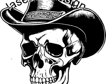 May include: Black and white illustration of a skull wearing a cowboy hat. The hat has a decorative band. The text "lasestufidesign" is above the hat. The image is a detailed, graphic design.