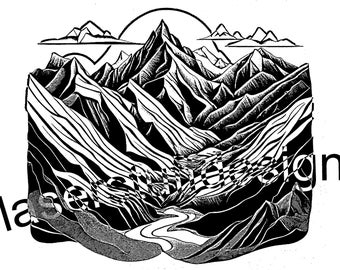 May include: Black and white illustration of a mountain range with a winding river flowing through the valley. The sun is shining above the mountains.