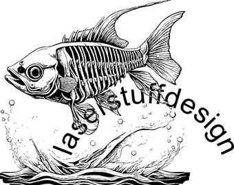 May include: Black and white line art illustration of a fish skeleton leaping out of the water. The fish is facing the left side of the image. The fish is surrounded by water droplets. The text "lastuffdesign" is written in a stylized font below the fish.