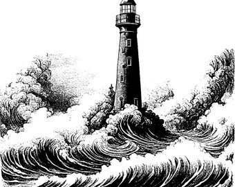 May include: A black and white illustration of a lighthouse standing tall against a stormy sea. The waves are crashing against the rocks, and the lighthouse is a beacon of hope in the midst of the storm.