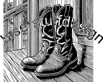 May include: A pair of black leather cowboy boots with pointed toes and a stitched design. The boots are sitting on a wooden floor.