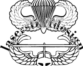 May include: A black and white illustration of an airborne badge. The design includes a parachute above a set of wings and a small aircraft. The word "Airborne" is written in a stylized font.