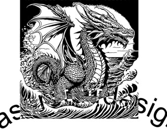 May include: Black and white illustration of a dragon emerging from the water. The dragon has large wings and a long tail. The water is depicted as waves.