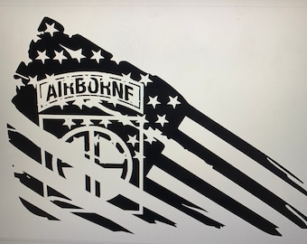 May include: Black and white distressed American flag design with the words "AIRBORNE" in a banner above a stylized parachute symbol.