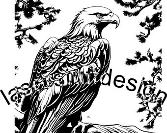 May include: Black and white line art illustration of an eagle perched on a branch. The eagle is facing to the right and has its wings folded. The branch is bare and has a few small leaves.