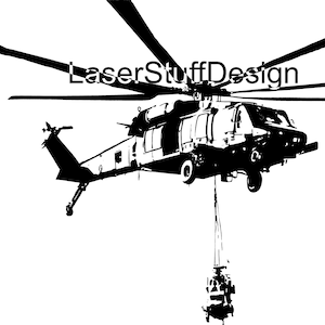 Może przedstawiać: Czarno-biała ilustracja helikoptera z tekstem "LaserStuffDesign" nad nim. Helikopter niesie mniejszy obiekt zawieszony poniżej. Obraz jest w stylu sylwetki.