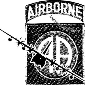 May include: Black and white illustration of a military patch with the word "AIRBORNE" in a banner above a circle with a stylized "A" inside. A silhouette of a plane is flying through the circle.