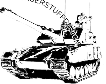 May include: Black and white silhouette of a military tank with the text "UNITED STATES FIELD ARTILLERY" below it. The tank has a large cannon and tracks.