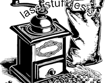 May include: A black and white illustration of a vintage coffee grinder with a bag of coffee beans and loose coffee beans scattered around it.