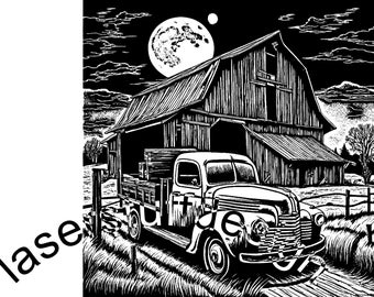 May include: Black and white woodcut illustration of a vintage pickup truck parked in front of a barn under a full moon. The truck has a wooden bed and is loaded with wooden planks. The barn has a large wooden door and a small window.