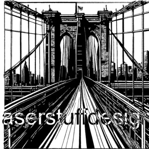 May include: Black and white illustration of the Brooklyn Bridge in New York City. The bridge is a suspension bridge with two towers and a roadway in the center. The illustration shows the bridge from the perspective of someone walking across the roadway.