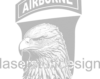May include: A grey and white graphic design of the 101st Airborne Division patch. The patch features a bald eagle with the word "AIRBORNE" above it.