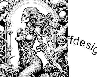 May include: A black and white illustration of a skeletal woman with long flowing hair. She is surrounded by skulls and bones, creating a gothic and macabre scene.