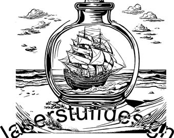 May include: A black and white illustration of a ship in a bottle. The bottle is round and has a cork on top. The ship has sails and a mast. The bottle is sitting on a beach with waves in the background.