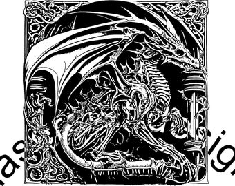 May include: Black and white illustration of a dragon with its wings spread wide. The dragon is surrounded by intricate, swirling designs. The image is framed in a square border.