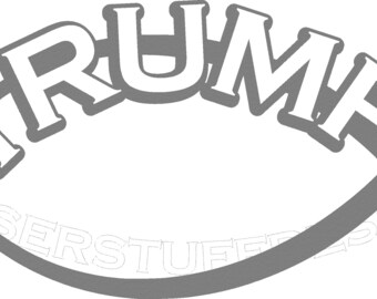 May include: A grey and white graphic design featuring the name "TRUMP" in a stylized font, arched above a curved grey line. The text "LASERSTUFFDESIGN" is printed along the curve.