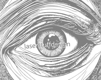 May include: A black and white illustration of a single eye with a detailed drawing of the eyelid and eyelashes. The eye is looking directly at the viewer.