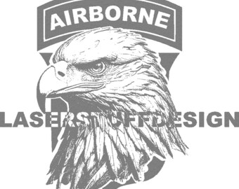 May include: A grey and white eagle head with a grey banner above it that says "AIRBORNE". The eagle is facing left and has a sharp beak. The text "LASERSHIFTDESIGN" is below the eagle.