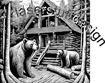 May include: Black and white woodcut illustration of a log cabin in the woods with two bears. The cabin has a porch and a large tree in front of it. The bears are standing near the cabin and the tree.
