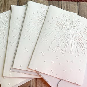 Biglietti d'auguri in rilievo con fuochi d'artificio, set di biglietti vuoti, articoli di cancelleria per feste, stile elegante bianco su bianco, per qualsiasi occasione, auguri per il 4 luglio